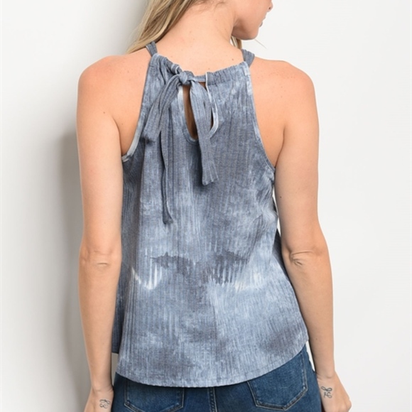 Blue Gray High Neck Back Tie, Tie Dye Top - Picture 5 of 7